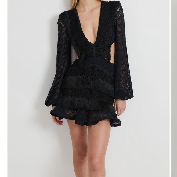 PatBO Dresses & Skirts - PatBO Black Deep V Long Sleeve Fringe Mini Dress